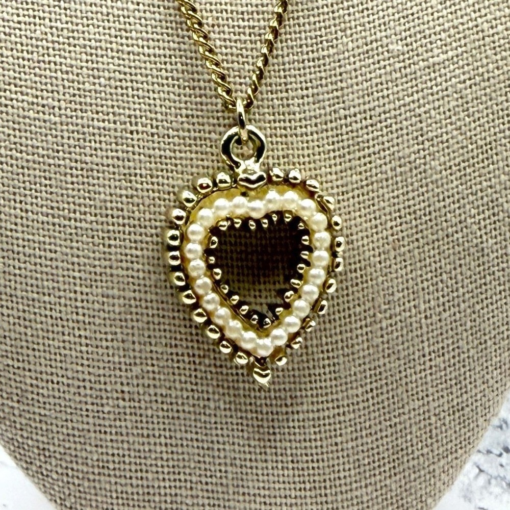 Vintage Gold Heart Pendant Necklace‎ Pearl Beaded Reversible 18"